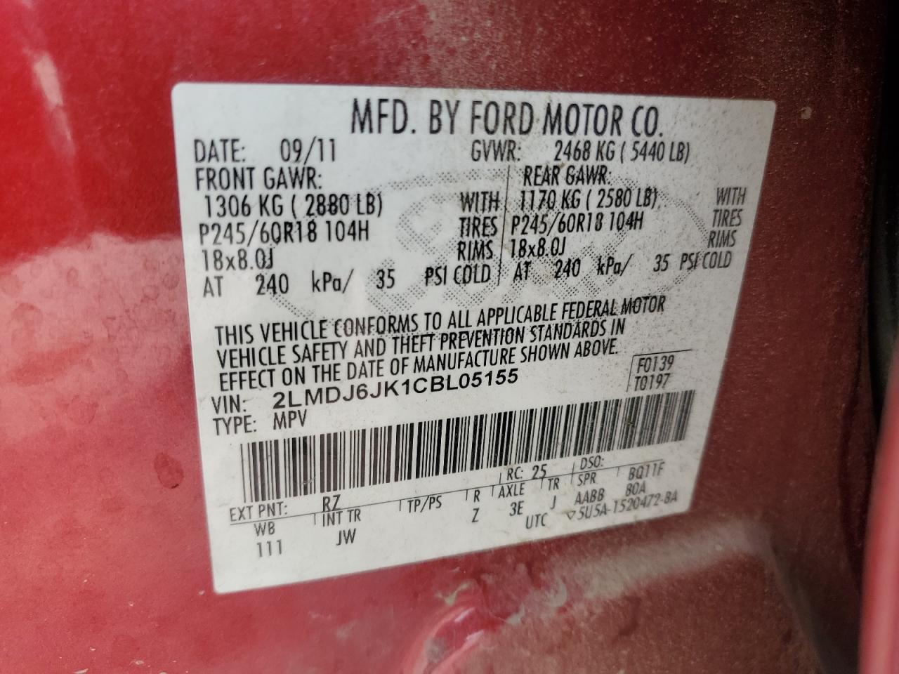 2012 Lincoln Mkx VIN: 2LMDJ6JK1CBL05155 Lot: 55594335