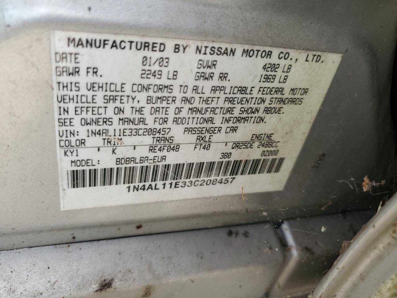 2003 Nissan Altima Base VIN: 1N4AL11E33C208457 Lot: 55824055