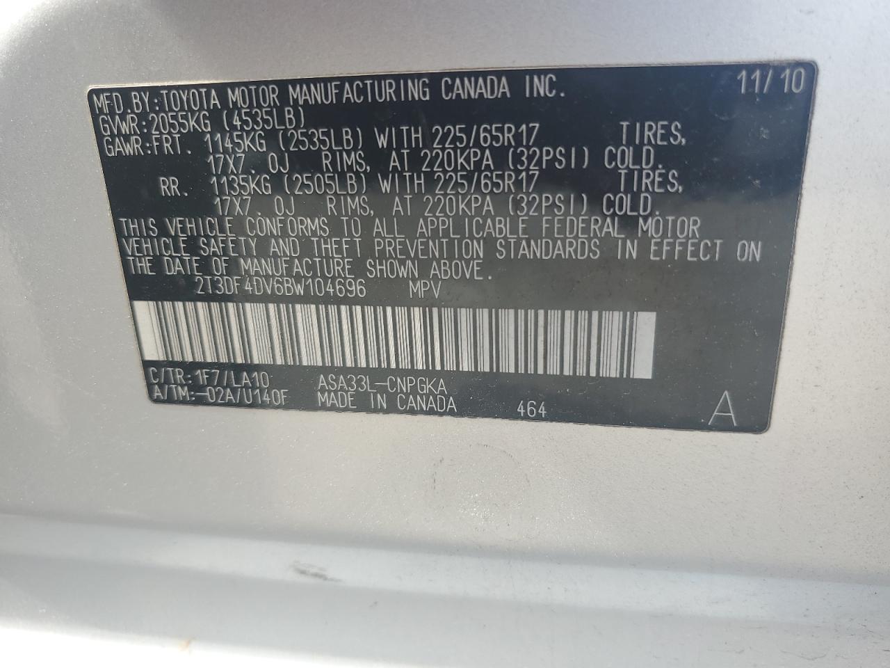 2011 Toyota Rav4 Limited VIN: 2T3DF4DV6BW104696 Lot: 57219465