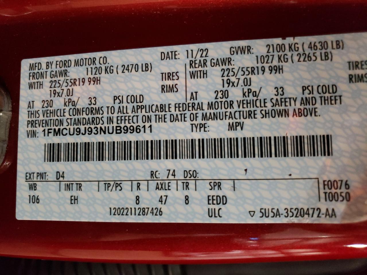 2022 Ford Escape Titanium VIN: 1FMCU9J93NUB99611 Lot: 56980985