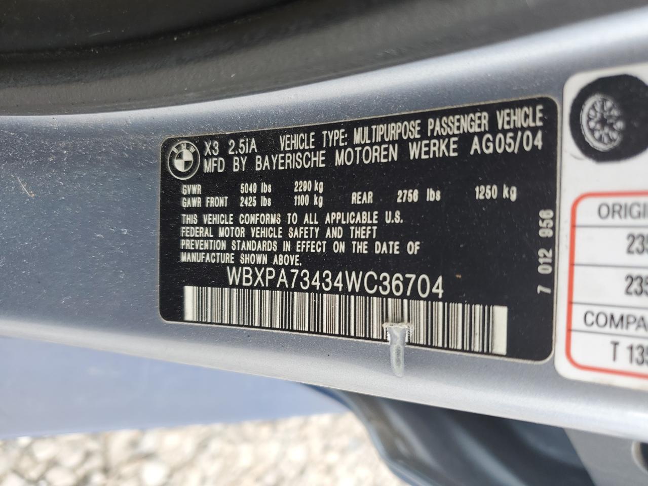 2004 BMW X3 2.5I VIN: WBXPA73434WC36704 Lot: 55240575