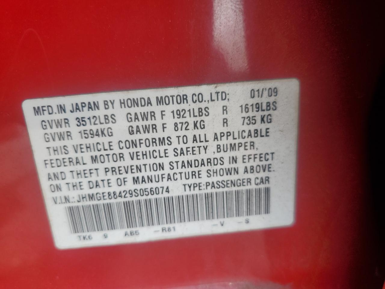 2009 Honda Fit Sport VIN: JHMGE88429S056074 Lot: 56595075