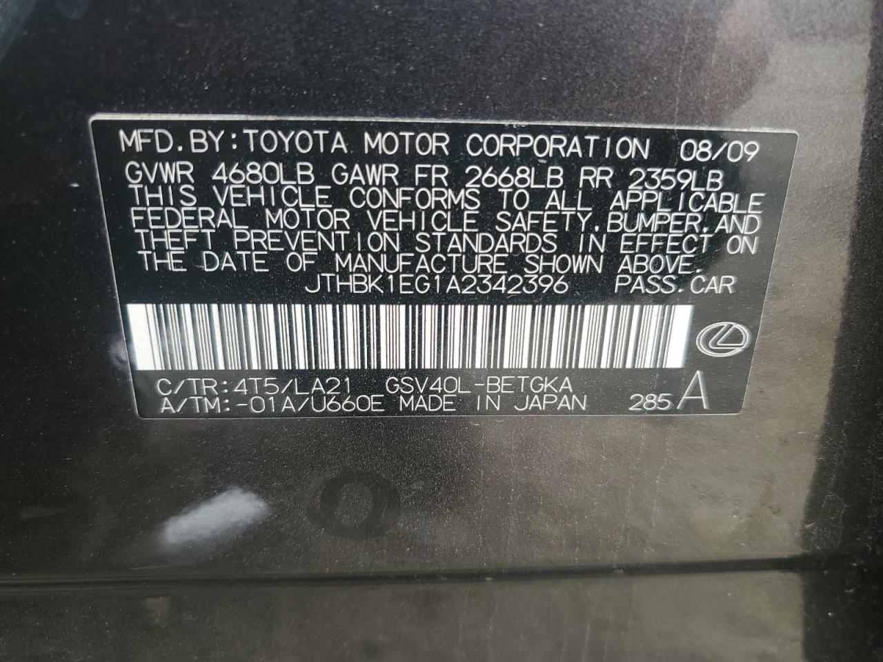 2010 Lexus Es 350 VIN: JTHBK1EG1A2342396 Lot: 56531955