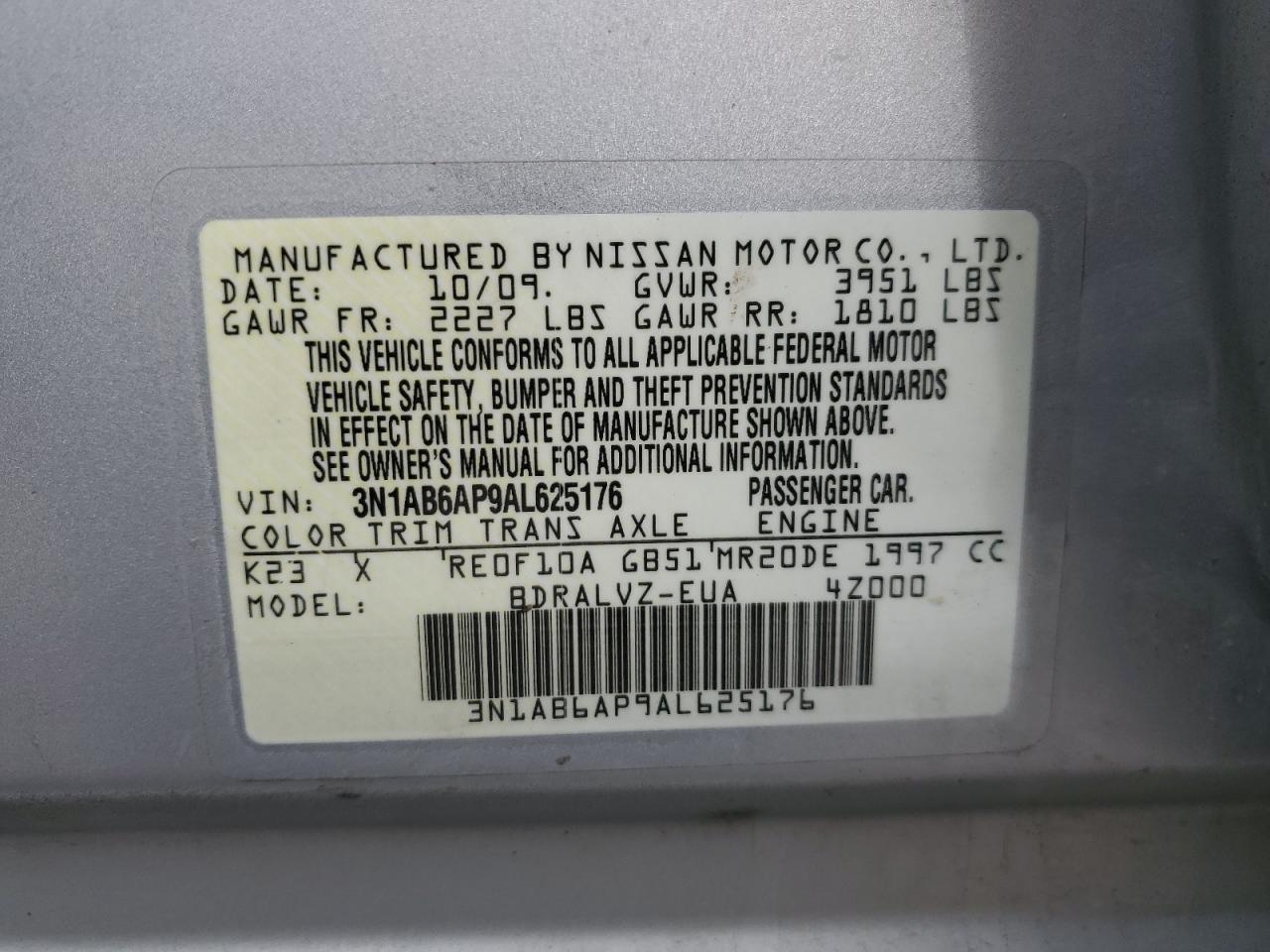 2010 Nissan Sentra 2.0 VIN: 3N1AB6AP9AL625176 Lot: 55143015