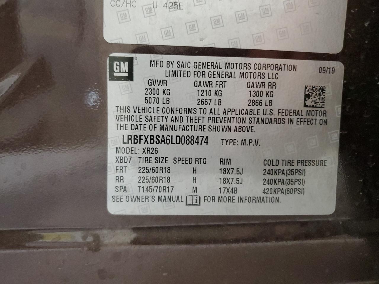 2020 Buick Envision Preferred VIN: LRBFXBSA6LD088474 Lot: 56549595