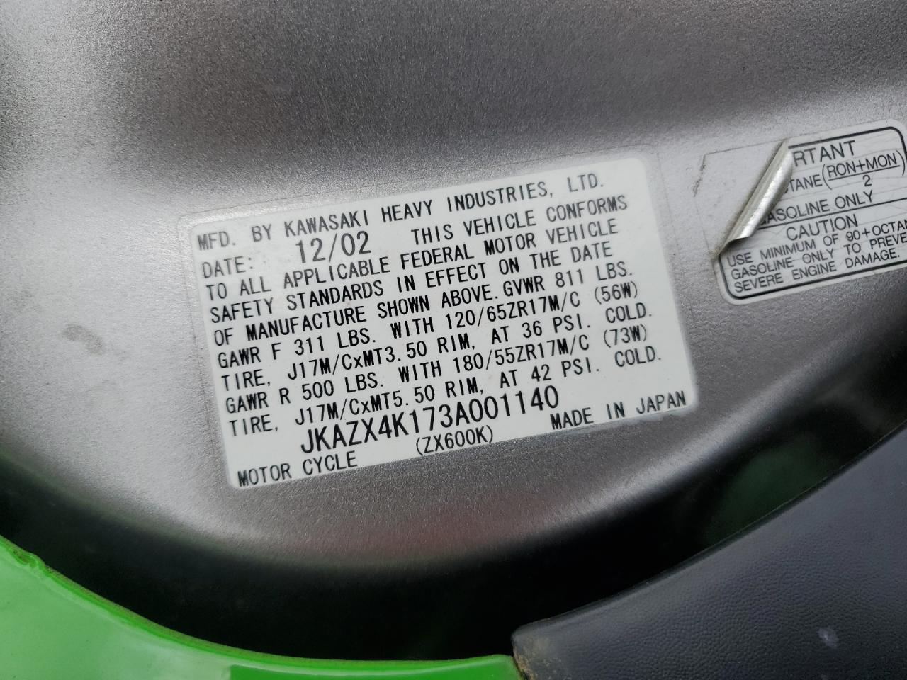 jkazx4k173a001140 JKAZX4K173A001140 2003 Kawasaki Zx600 K1