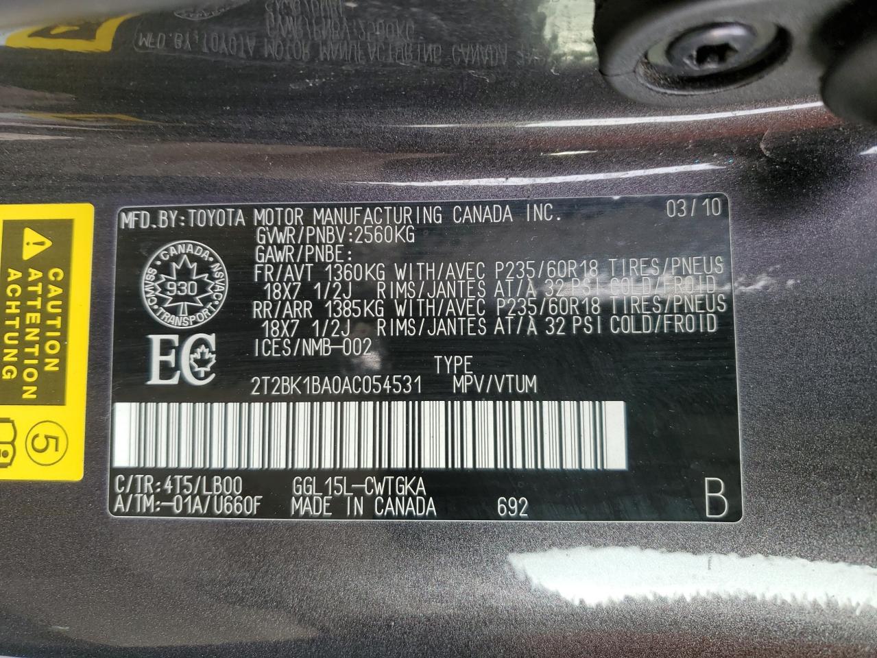 2010 Lexus Rx 350 VIN: 2T2BK1BA0AC054531 Lot: 56779485