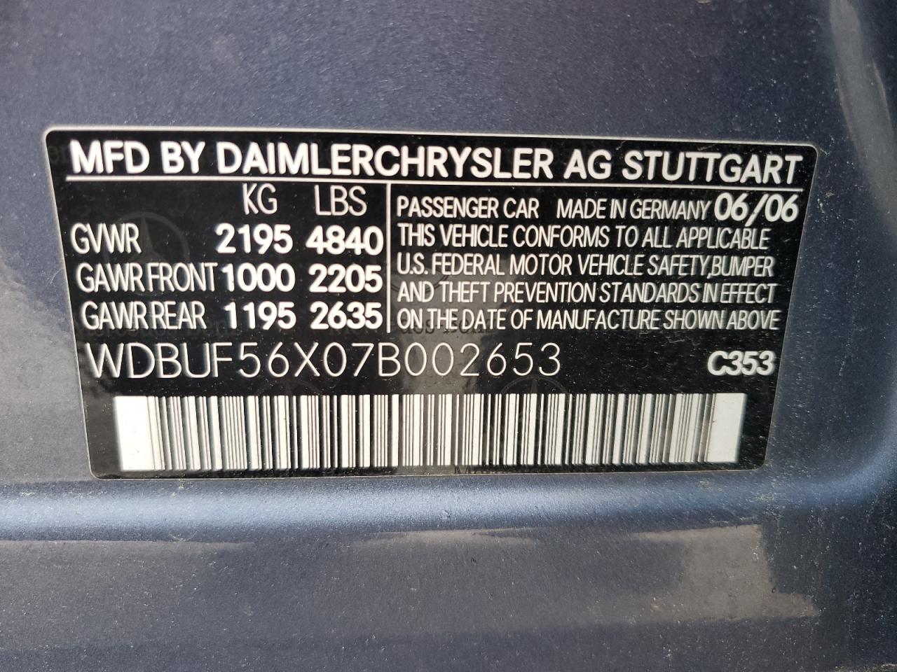2007 Mercedes-Benz E 350 VIN: WDBUF56X07B002653 Lot: 57117125