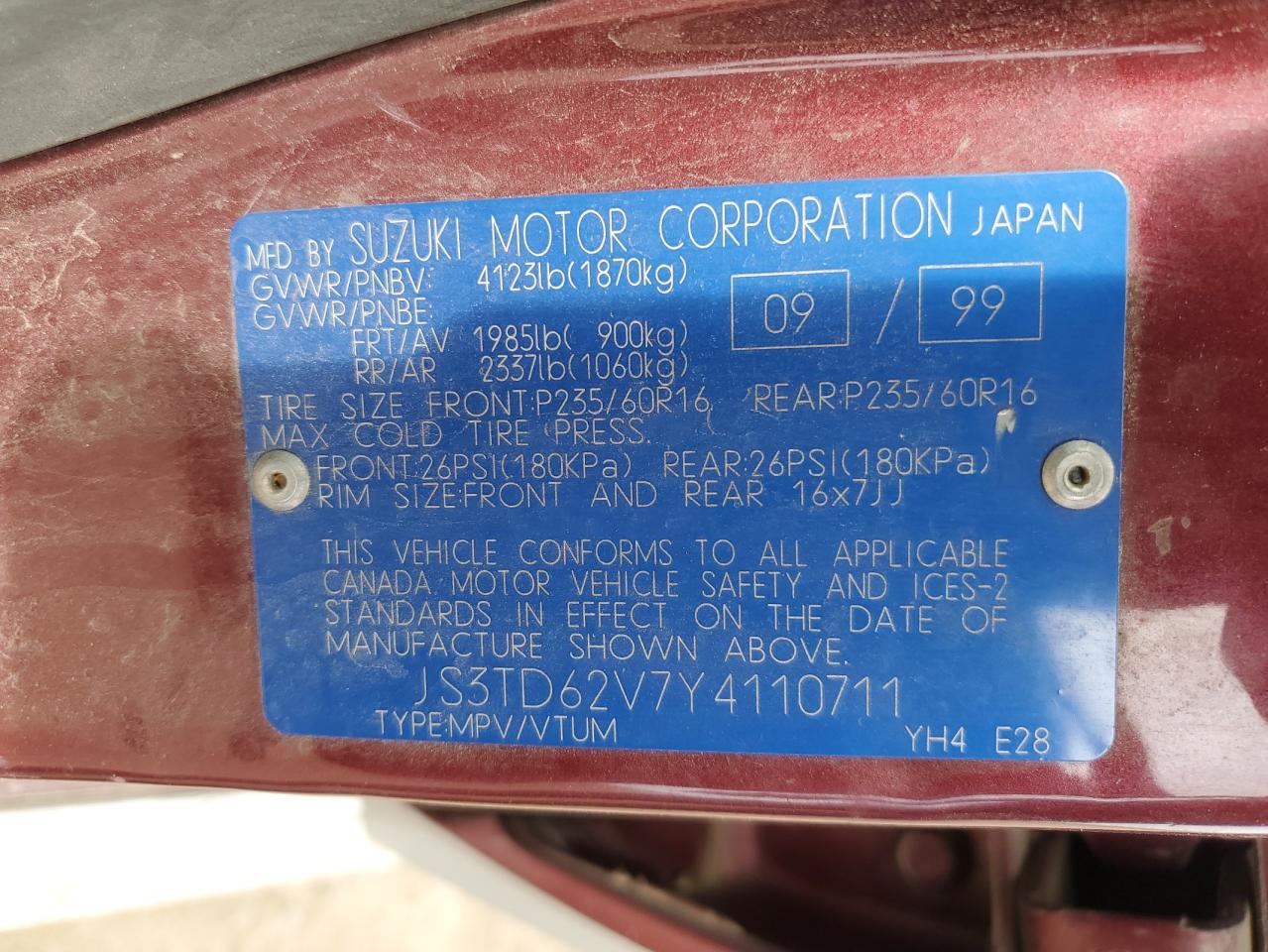 2000 Suzuki Grand Vitara Jlx Limited VIN: JS3TD62V7Y4110711 Lot: 56161325
