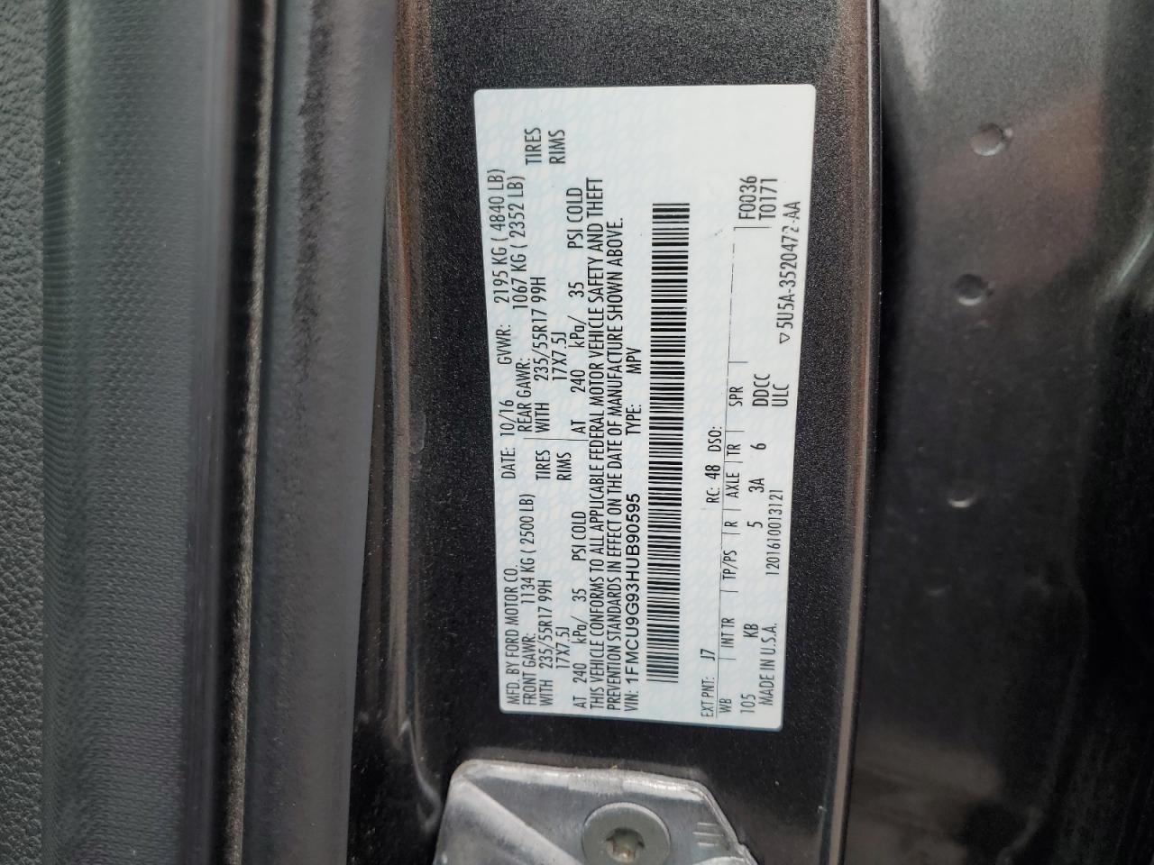 2017 Ford Escape Se VIN: 1FMCU9G93HUB90595 Lot: 56309015