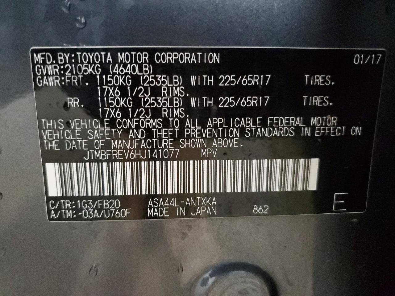2017 Toyota Rav4 Le VIN: JTMBFREV6HJ141077 Lot: 56956535