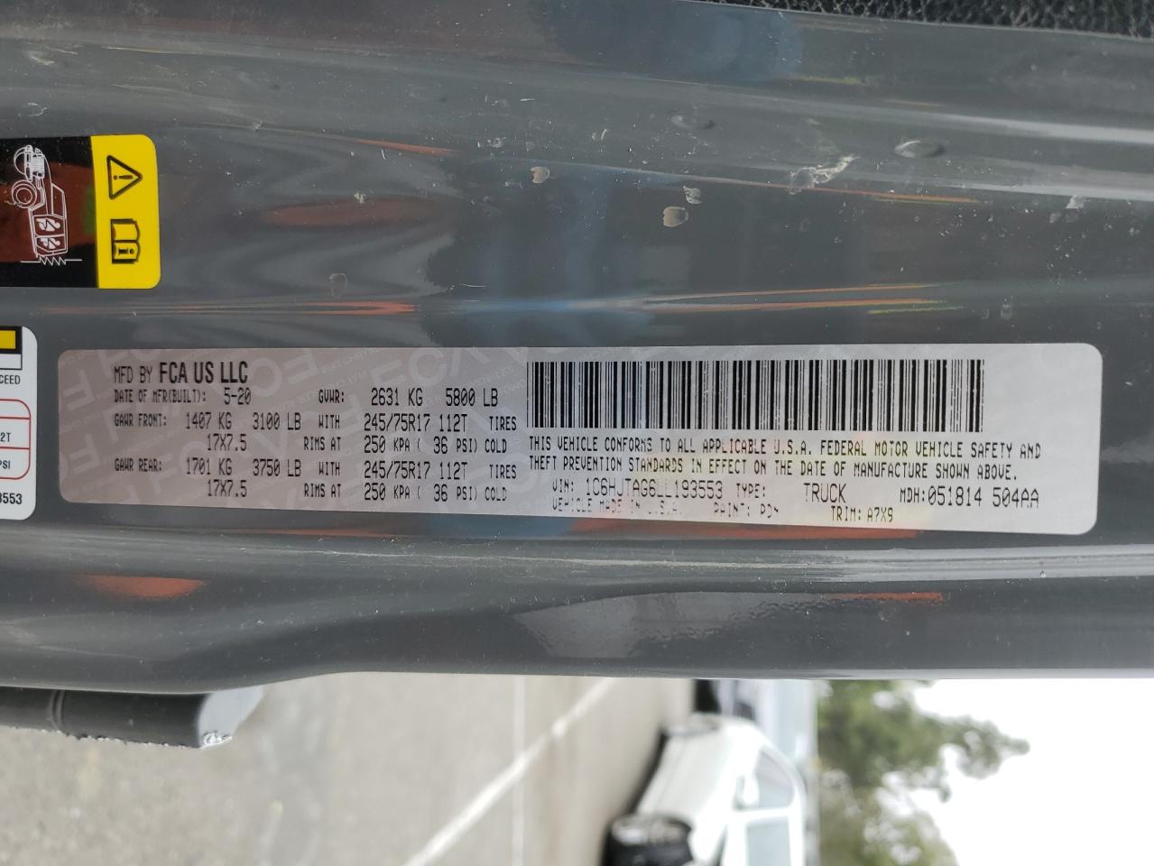 2020 Jeep Gladiator Sport VIN: 1C6HJTAG6LL193553 Lot: 55638915