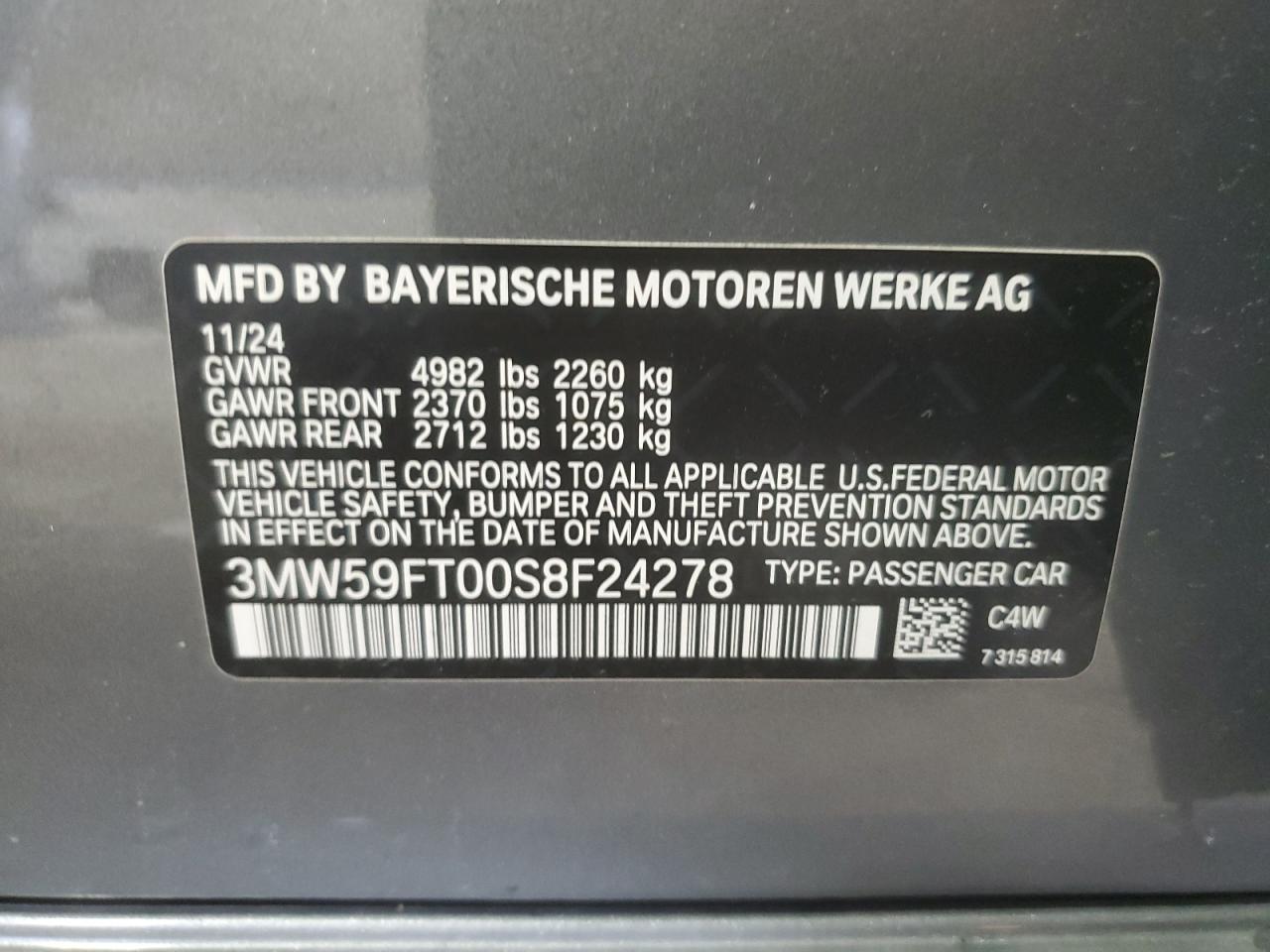 2025 BMW M340I VIN: 3MW59FT00S8F24278 Lot: 57057465