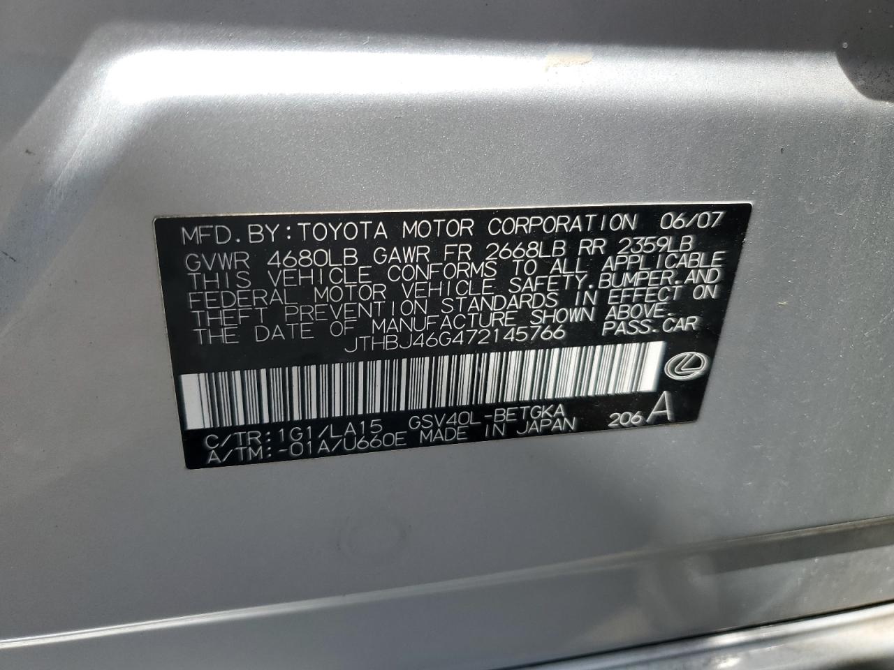 2007 Lexus Es 350 VIN: JTHBJ46G472145766 Lot: 56095615
