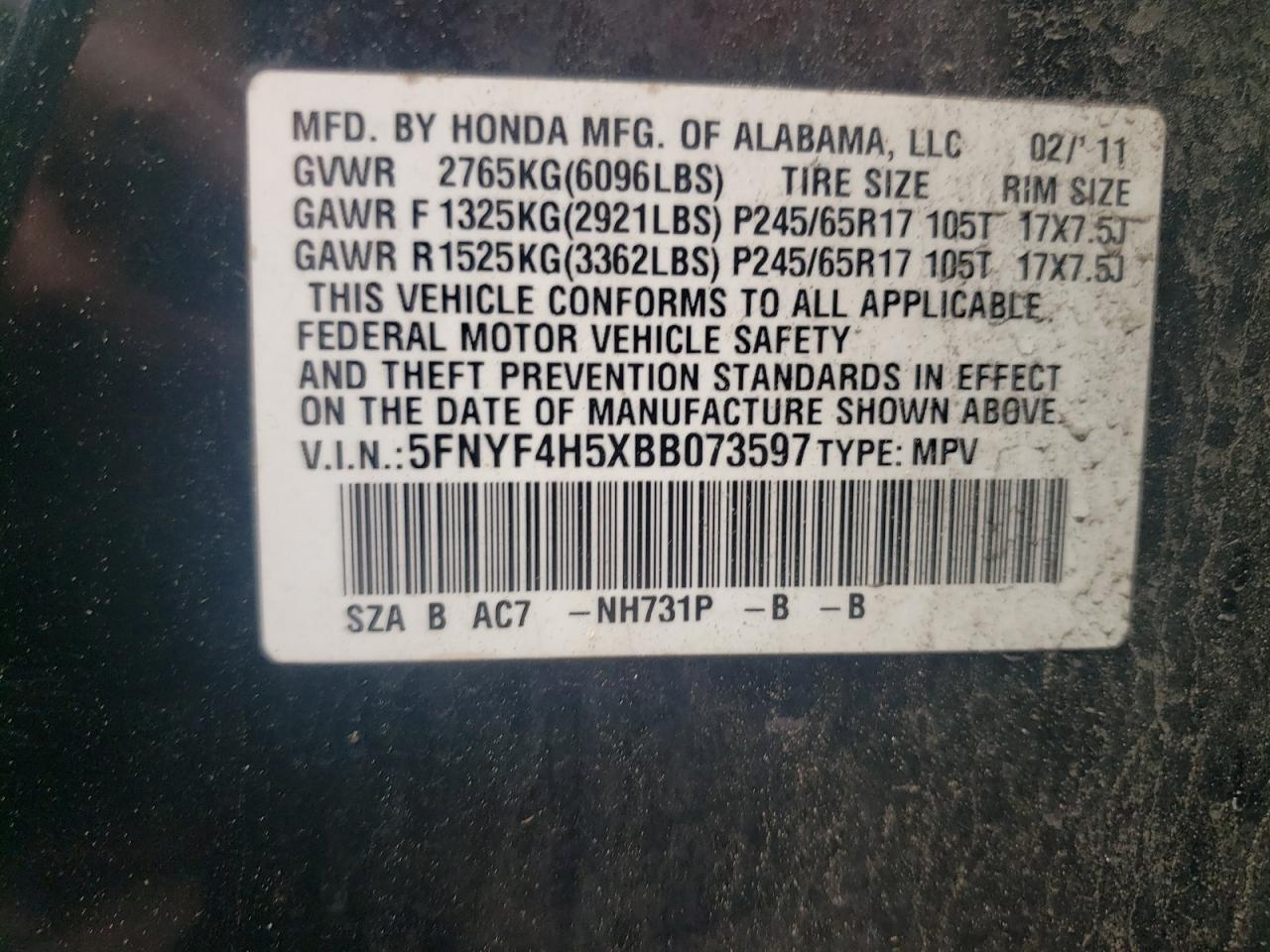 2011 Honda Pilot Exl VIN: 5FNYF4H5XBB073597 Lot: 56855245
