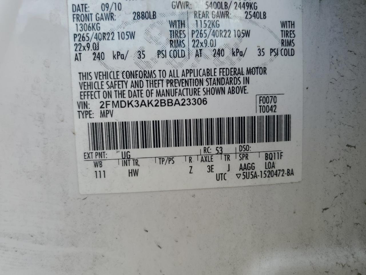 2011 Ford Edge Sport VIN: 2FMDK3AK2BBA23306 Lot: 55978485