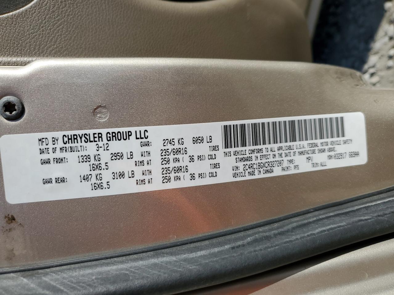 2012 Chrysler Town & Country Touring VIN: 2C4RC1BGXCR327207 Lot: 55768835