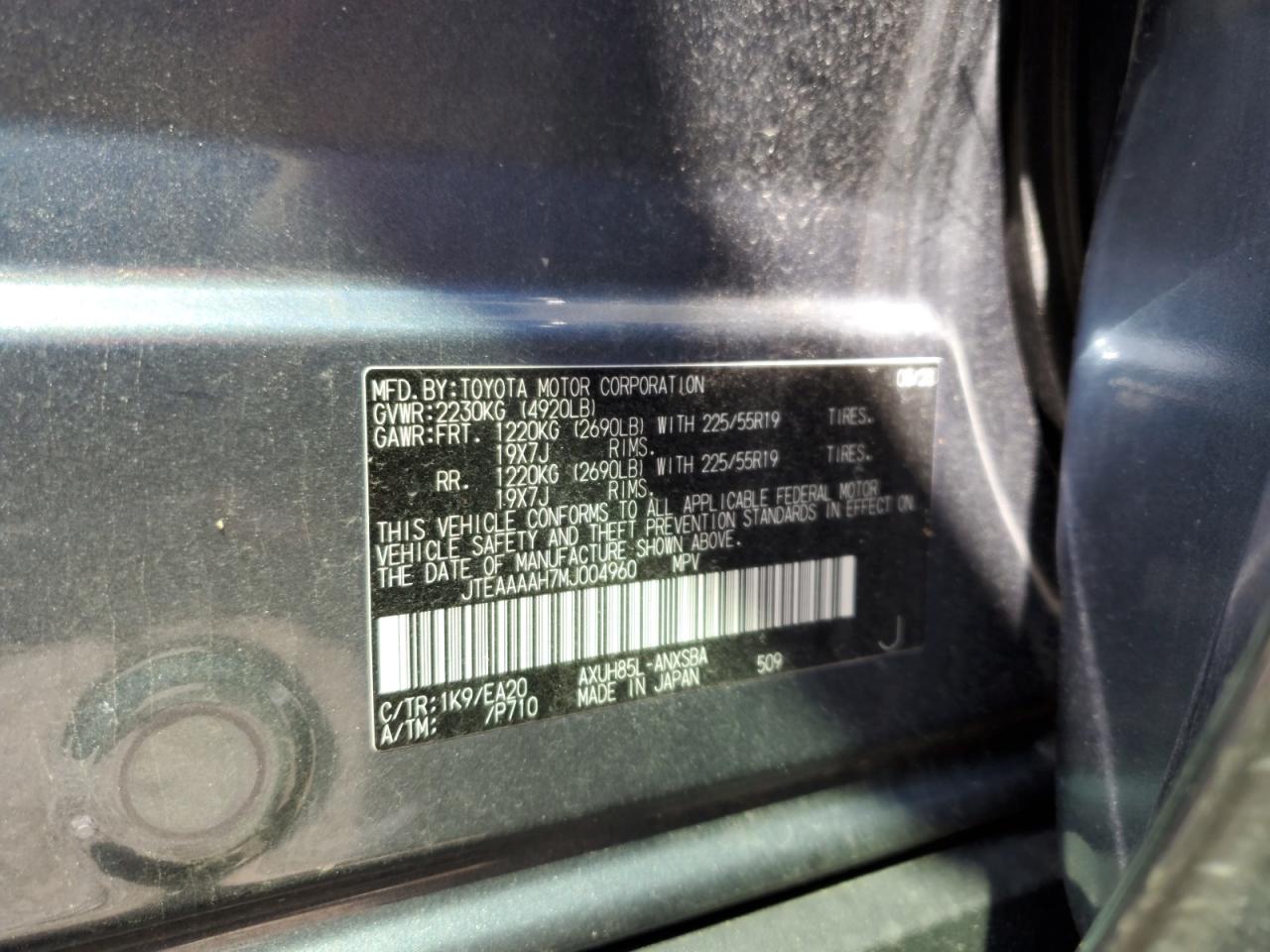 2021 Toyota Venza Le VIN: JTEAAAAH7MJ004960 Lot: 55973535