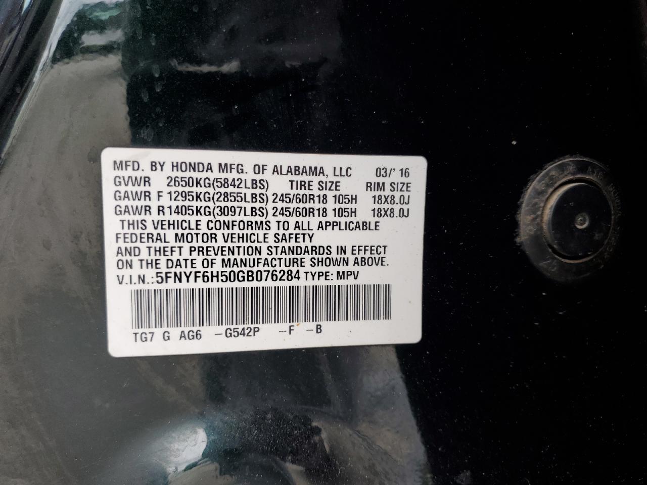 2016 Honda Pilot Exl VIN: 5FNYF6H50GB076284 Lot: 56925585