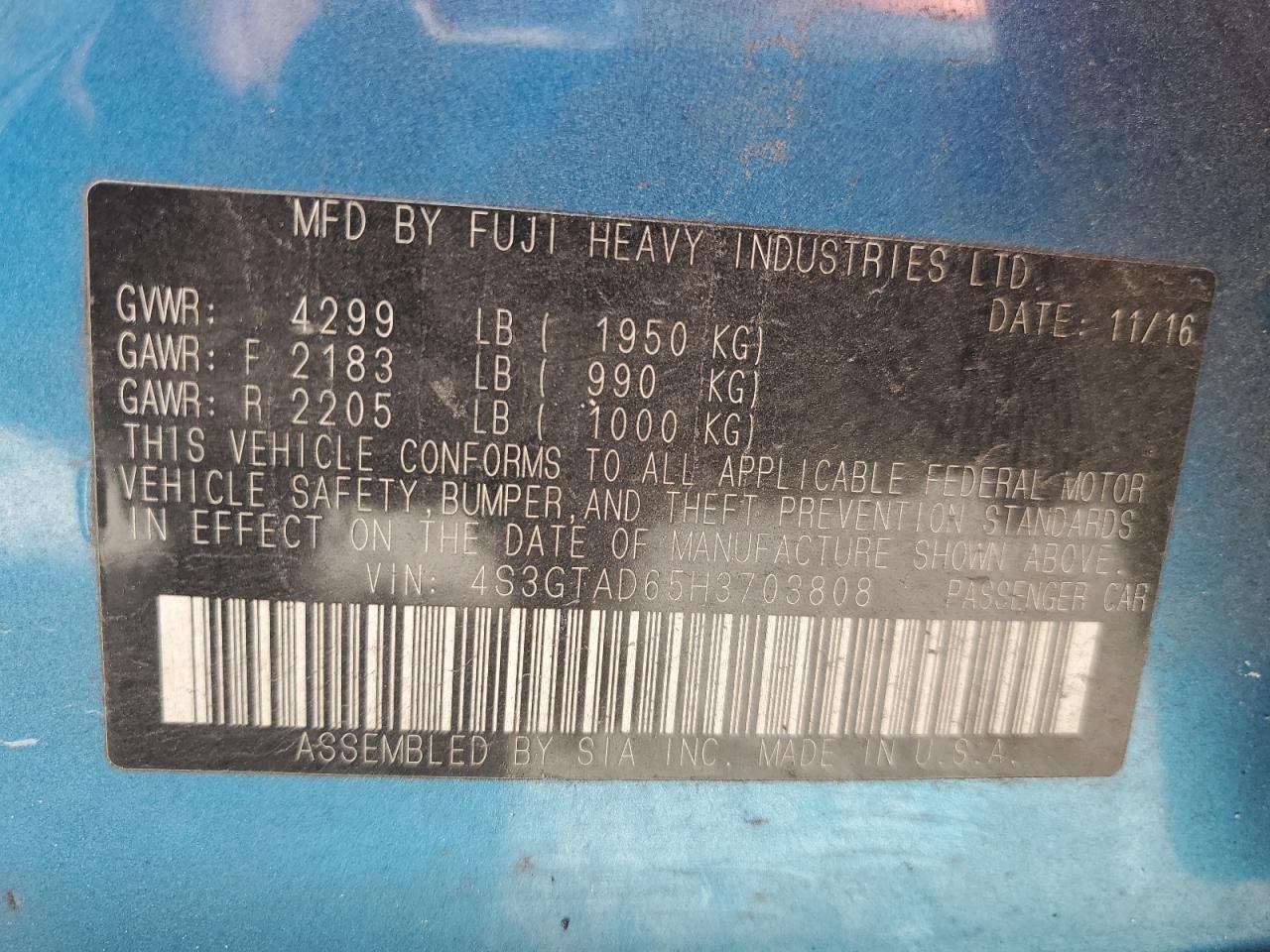 2017 Subaru Impreza Premium Plus VIN: 4S3GTAD65H3703808 Lot: 57396095