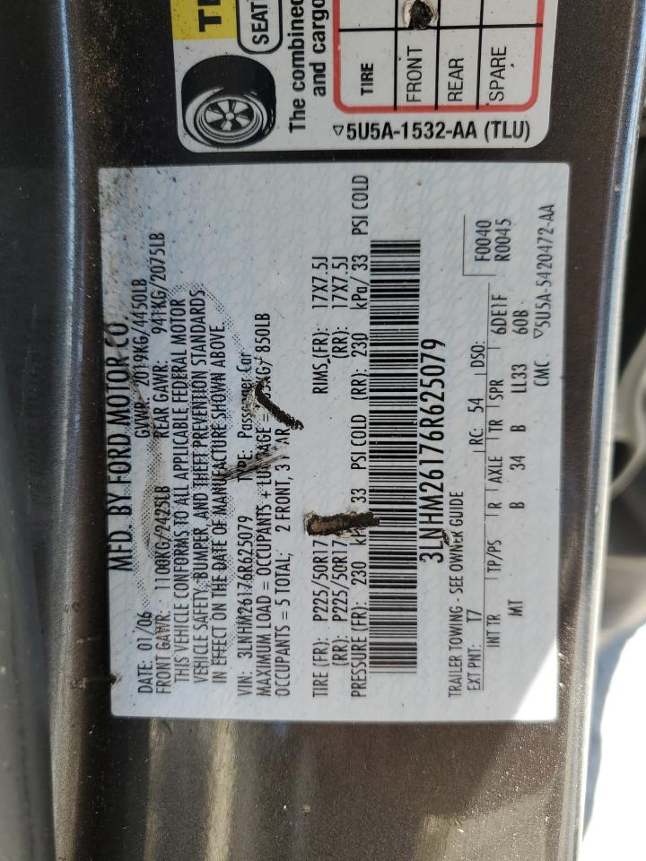 2006 Lincoln Zephyr VIN: 3LNHM26176R625079 Lot: 55782145