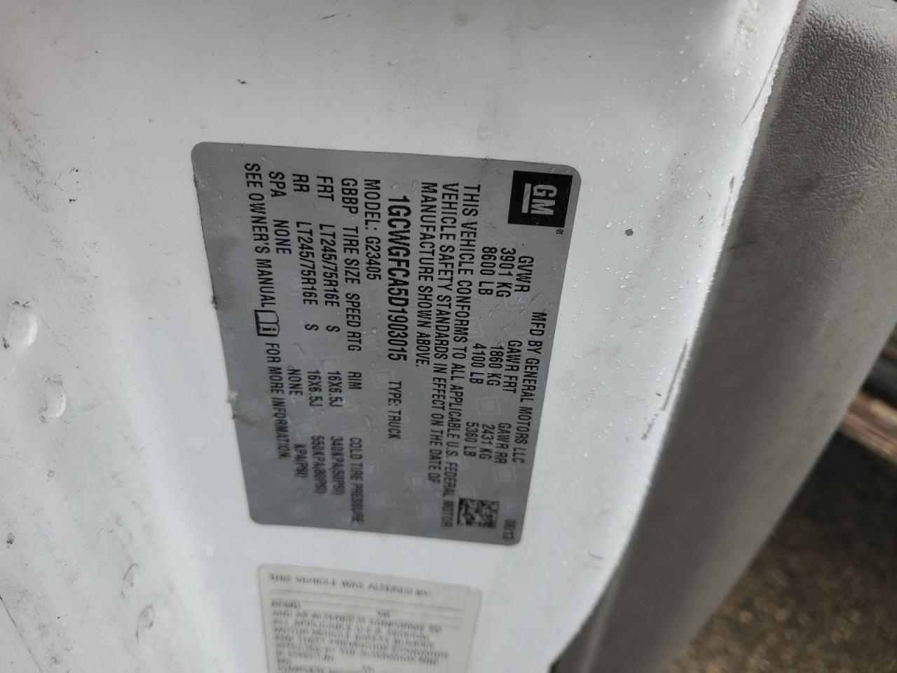 2013 Chevrolet Express G2500 VIN: 1GCWGFCA5D1903015 Lot: 57453245