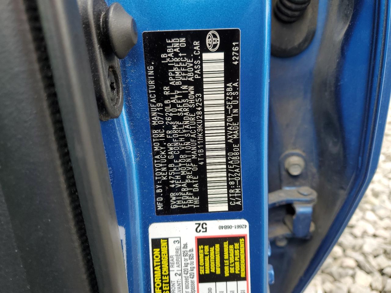 2019 Toyota Camry L VIN: 4T1B11HK9KU284253 Lot: 56722465