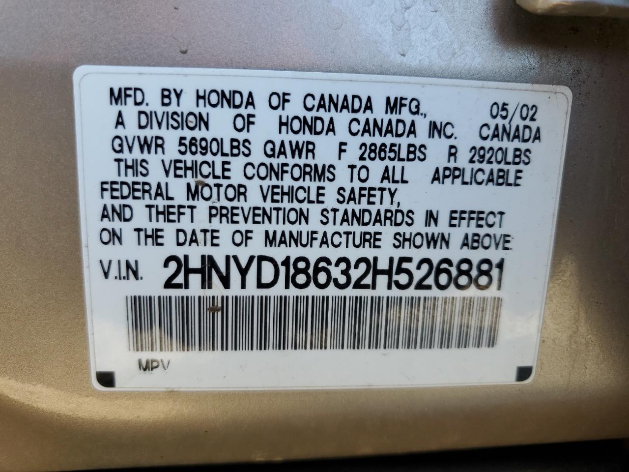 2002 Acura Mdx Touring VIN: 2HNYD18632H526881 Lot: 55507005