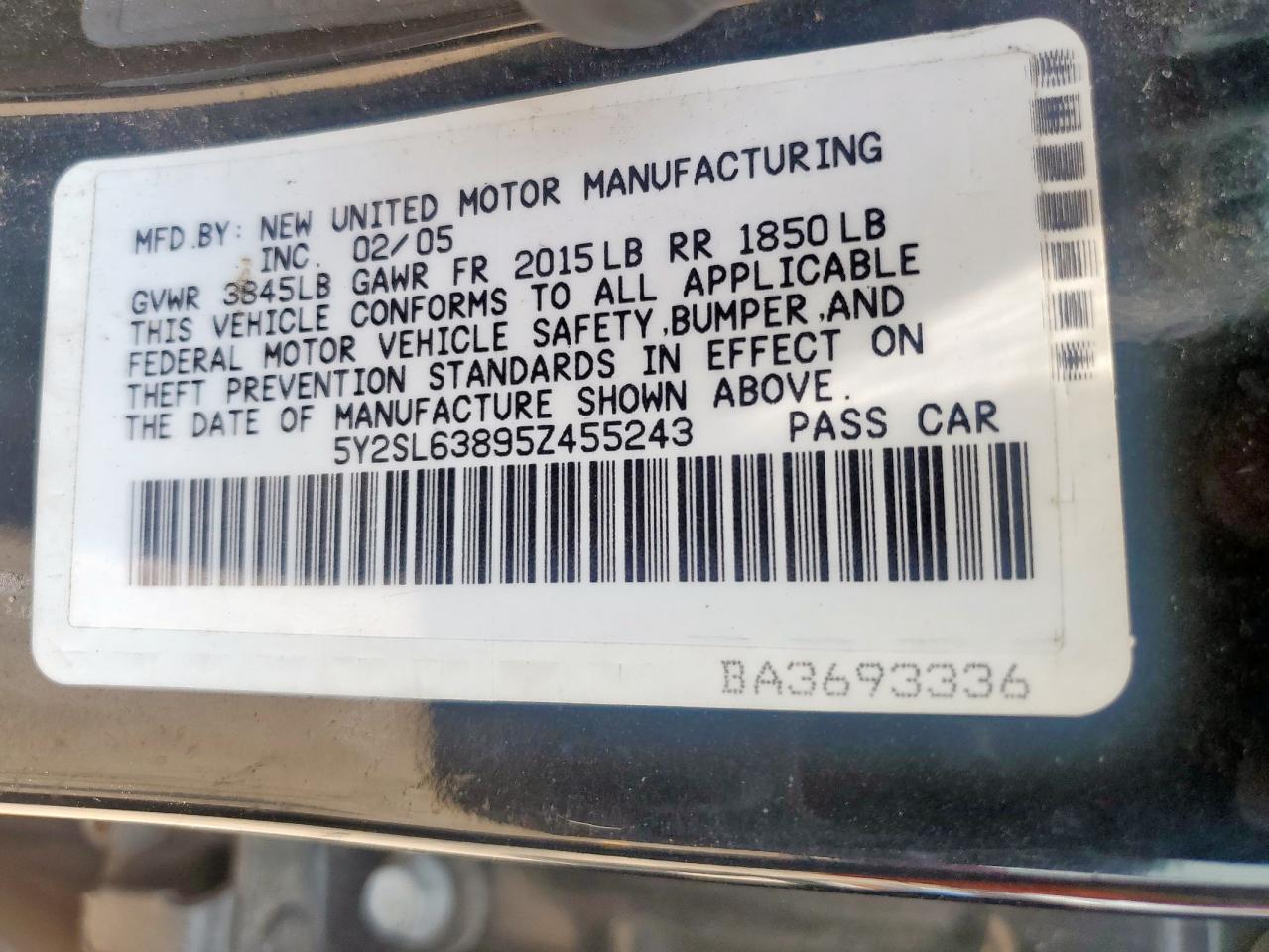 2005 Pontiac Vibe VIN: 5Y2SL63895Z455243 Lot: 57243005