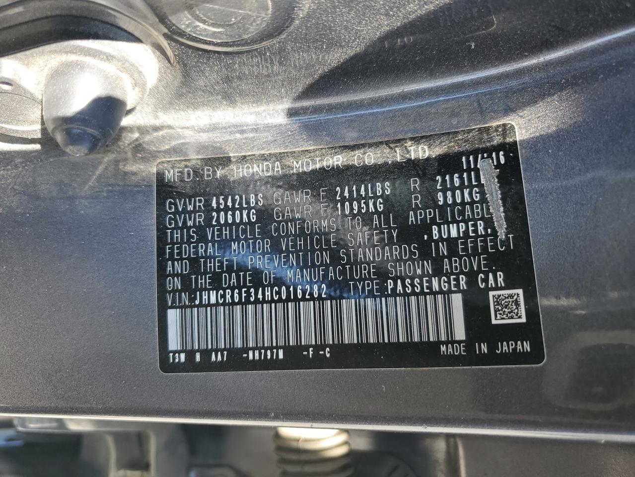 2017 Honda Accord Hybrid VIN: JHMCR6F34HC016282 Lot: 57147665