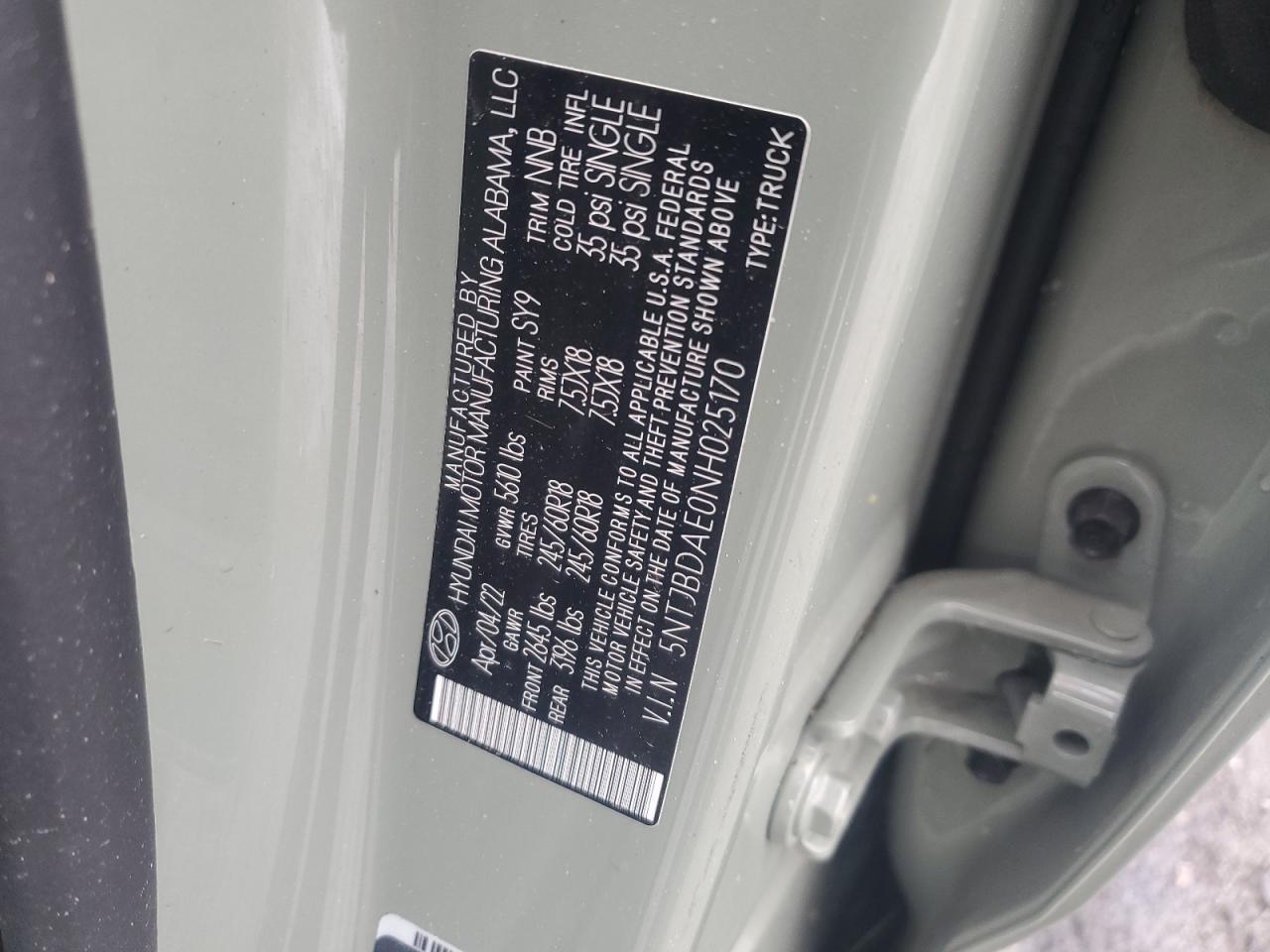 2022 Hyundai Santa Cruz Sel VIN: 5NTJBDAE0NH025170 Lot: 57490305