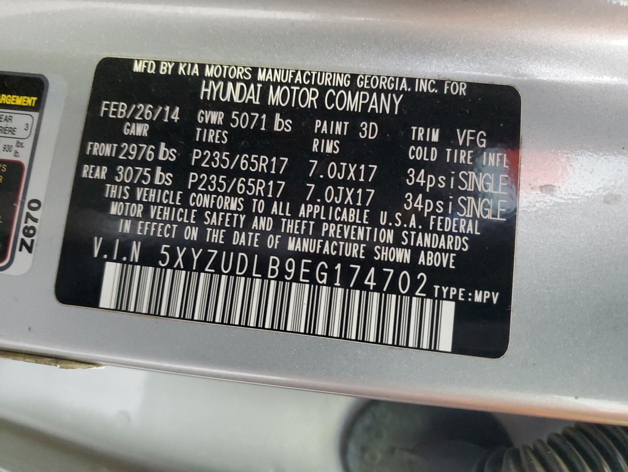 2014 Hyundai Santa Fe Sport VIN: 5XYZUDLB9EG174702 Lot: 56904955