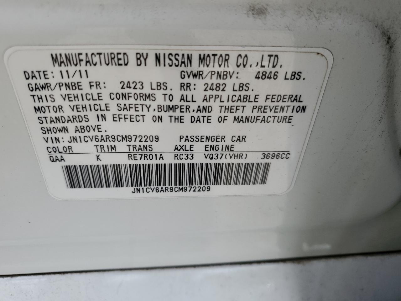 2012 Infiniti G37 VIN: JN1CV6AR9CM972209 Lot: 57345385