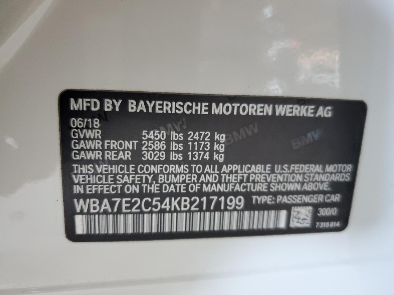 2019 BMW 740 I VIN: WBA7E2C54KB217199 Lot: 57178915