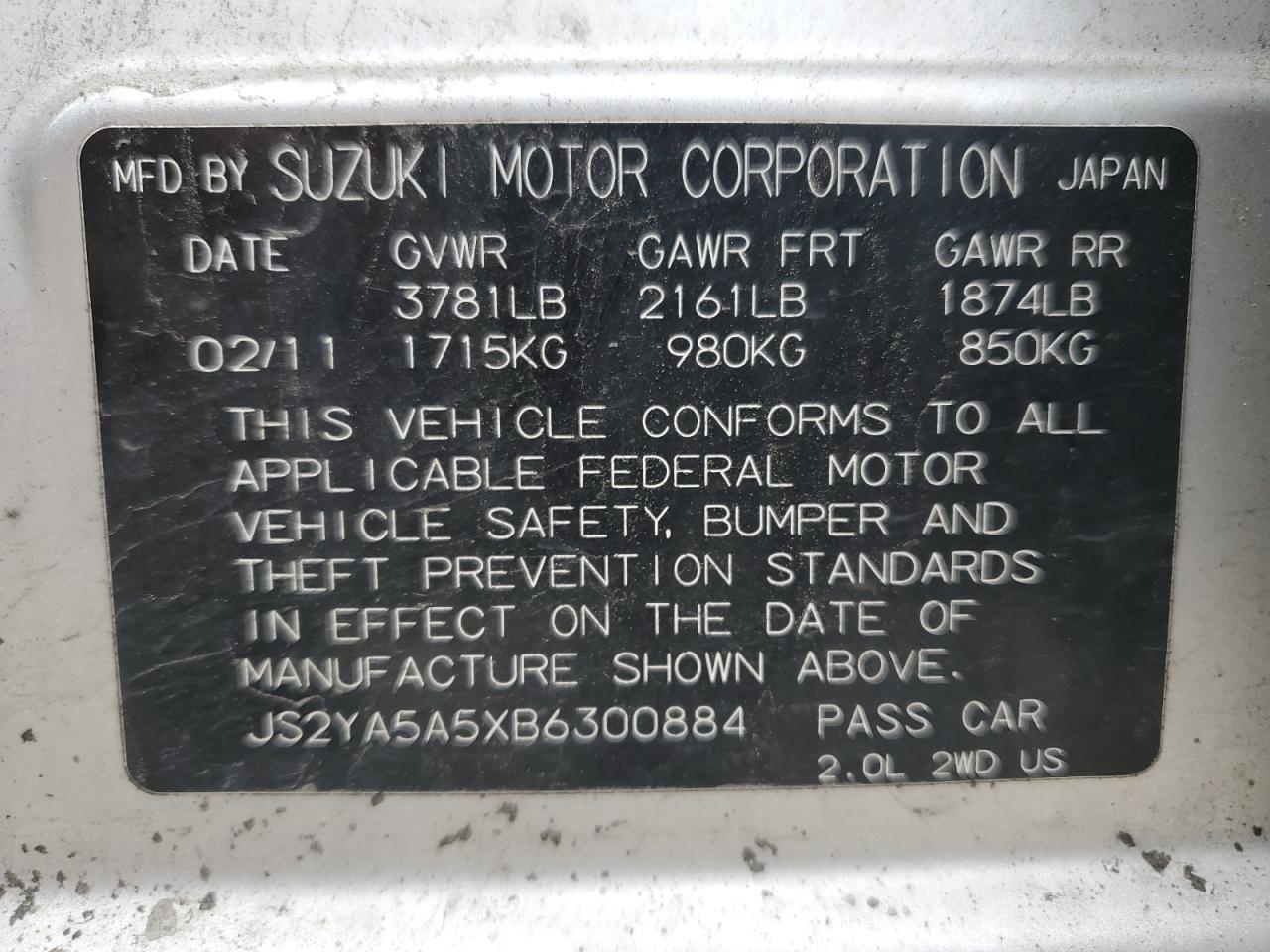 2011 Suzuki Sx4 VIN: JS2YA5A5XB6300884 Lot: 55955985