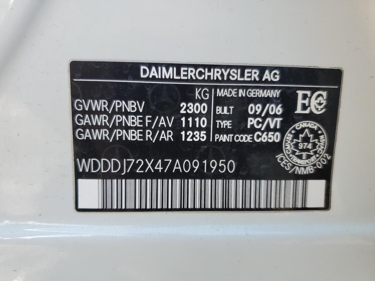 2007 Mercedes-Benz Cls 550 VIN: WDDDJ72X47A091950 Lot: 55670305
