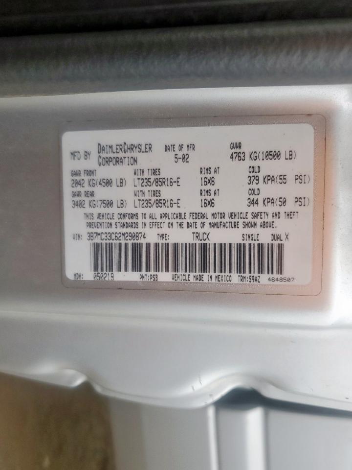 2002 Dodge Ram 3500 VIN: 3B7MC33C62M290874 Lot: 58620605