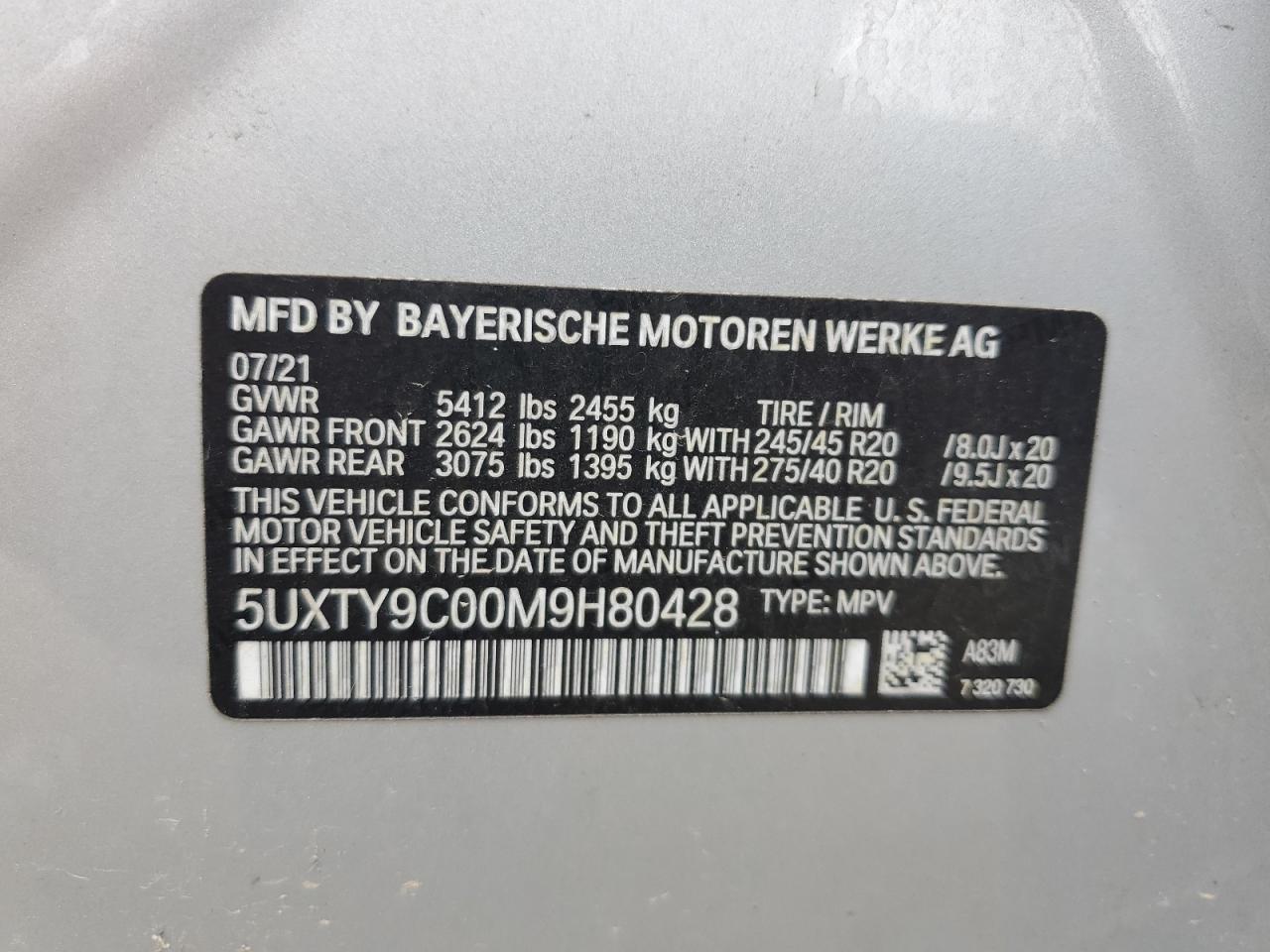 2021 BMW X3 xDrivem40I VIN: 5UXTY9C00M9H80428 Lot: 57175315