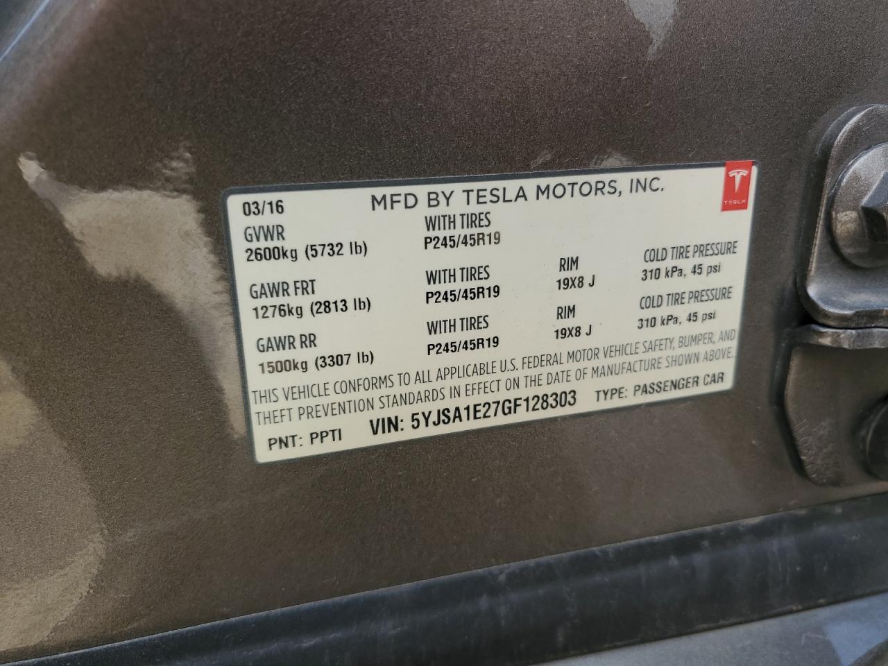 2016 Tesla Model S VIN: 5YJSA1E27GF128303 Lot: 56181875
