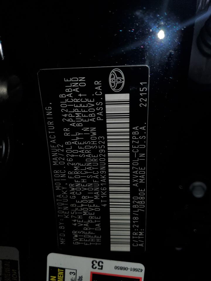 2022 Toyota Camry Xse VIN: 4T1K61AK9NU029523 Lot: 56819205