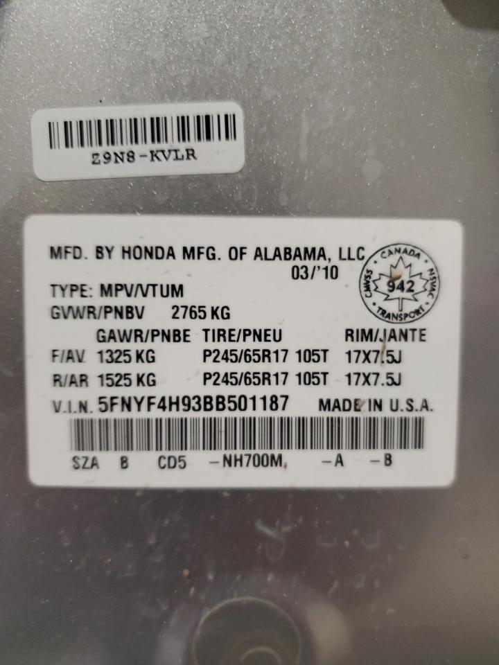 2011 Honda Pilot Touring VIN: 5FNYF4H93BB501187 Lot: 56782165