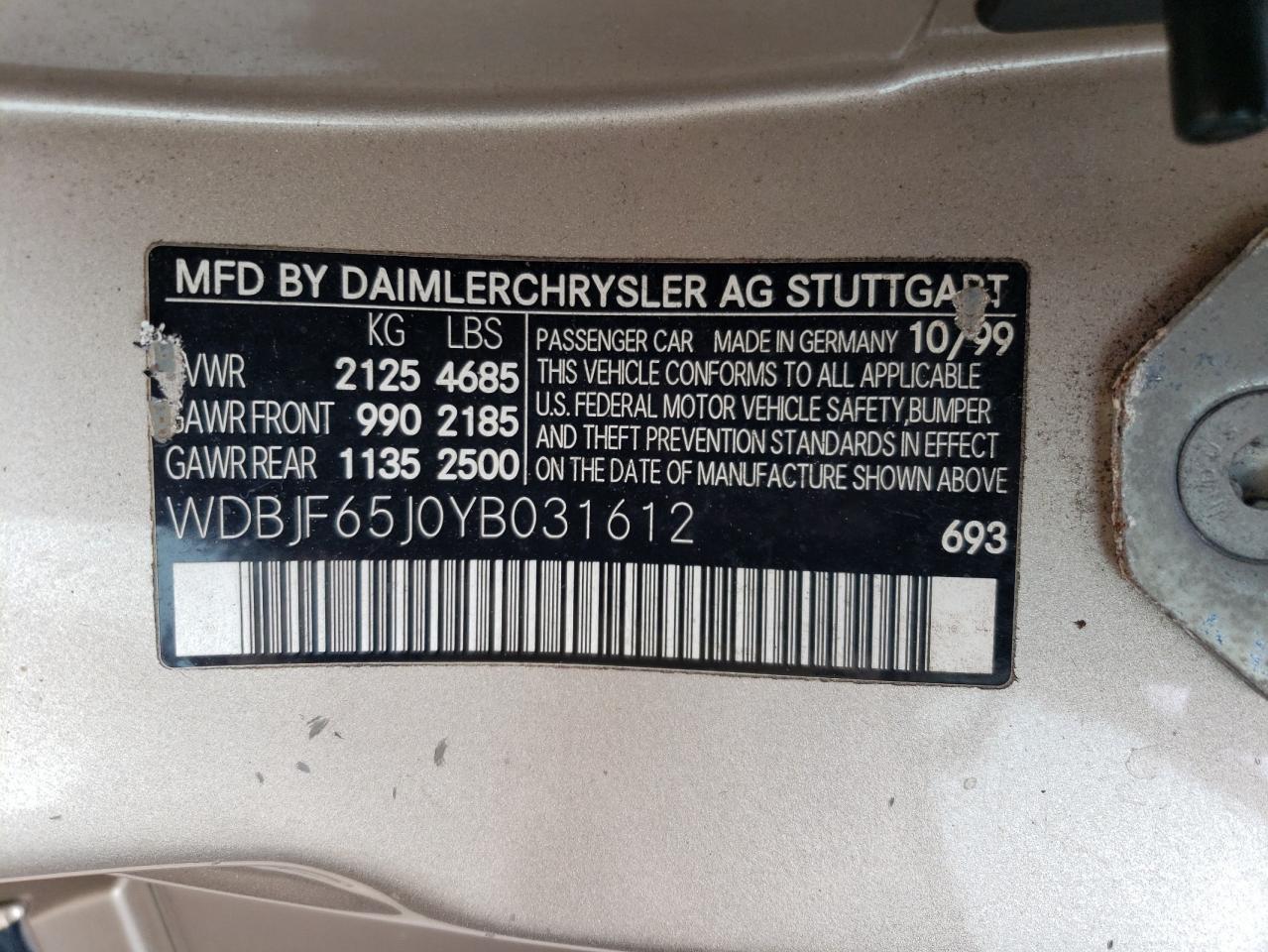2000 Mercedes-Benz E 320 VIN: WDBJF65J0YB031612 Lot: 57179415