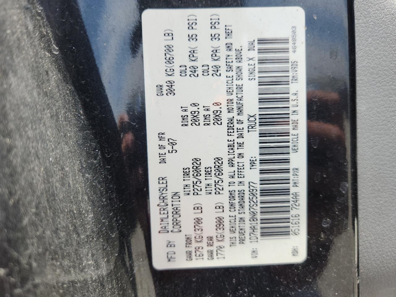 2007 Dodge Ram 1500 St VIN: 1D7HA18N07S250977 Lot: 81062535