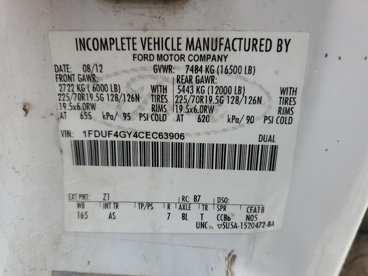 2012 Ford F450 Super Duty VIN: 1FDUF4GY4CEC63906 Lot: 54391705