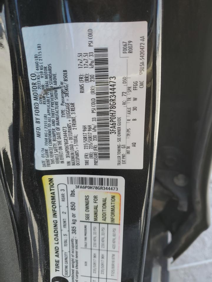 2016 Ford Fusion Se VIN: 3FA6P0H78GR344473 Lot: 57392545