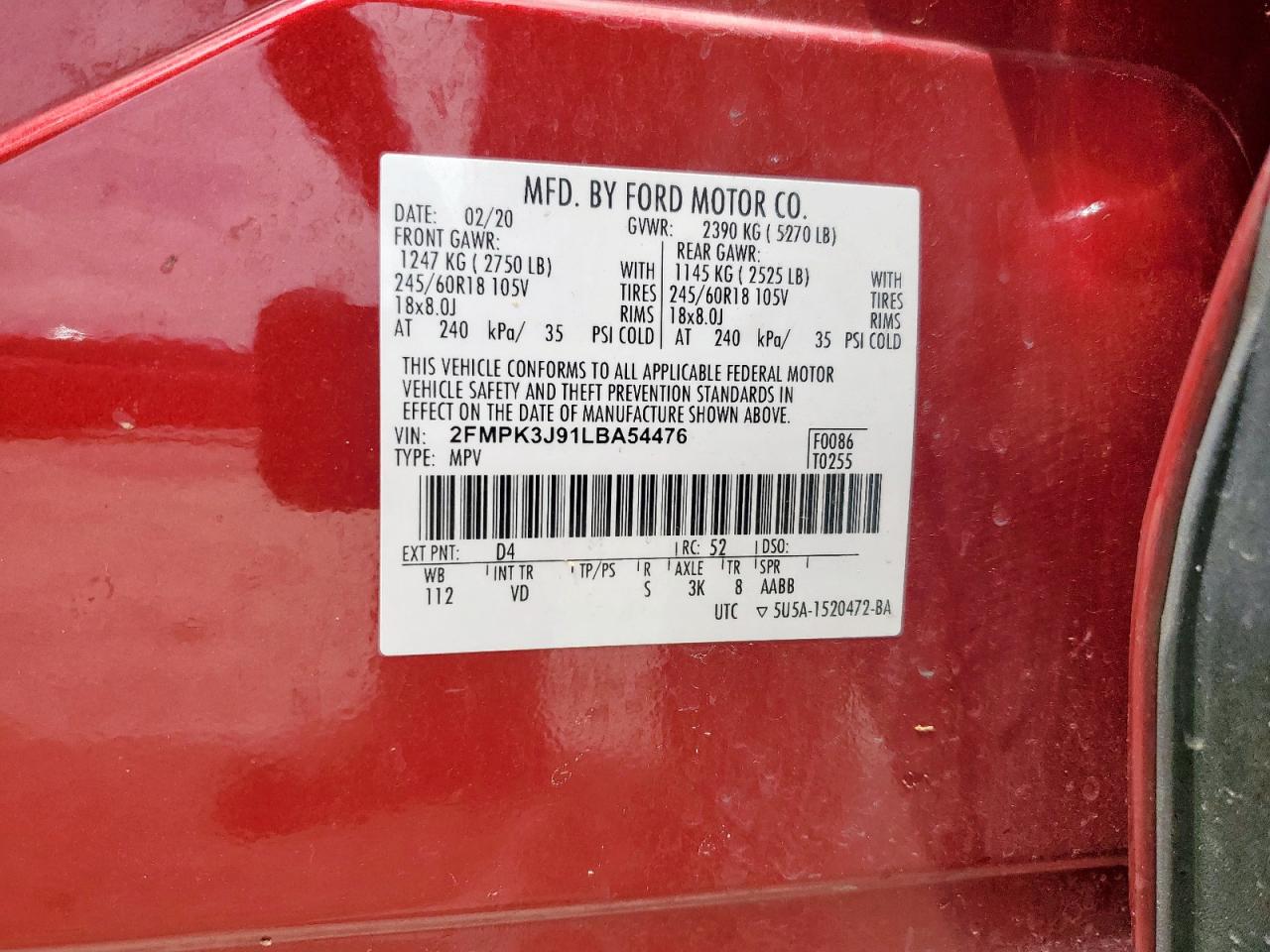 VIN: 2FMPK3J91LBA54476 2020 FORD EDGE