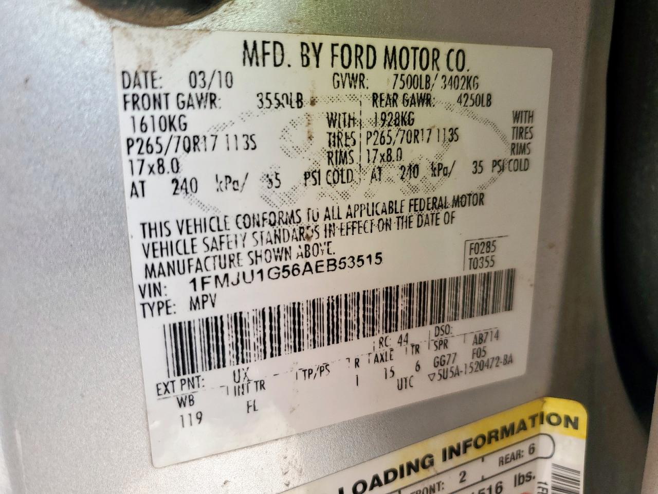 2010 Ford Expedition Xlt VIN: 1FMJU1G56AEB53515 Lot: 57080615