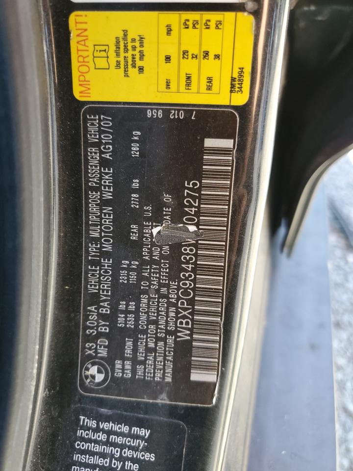 2008 BMW X3 3.0Si VIN: WBXPC93438WJ04275 Lot: 57790765