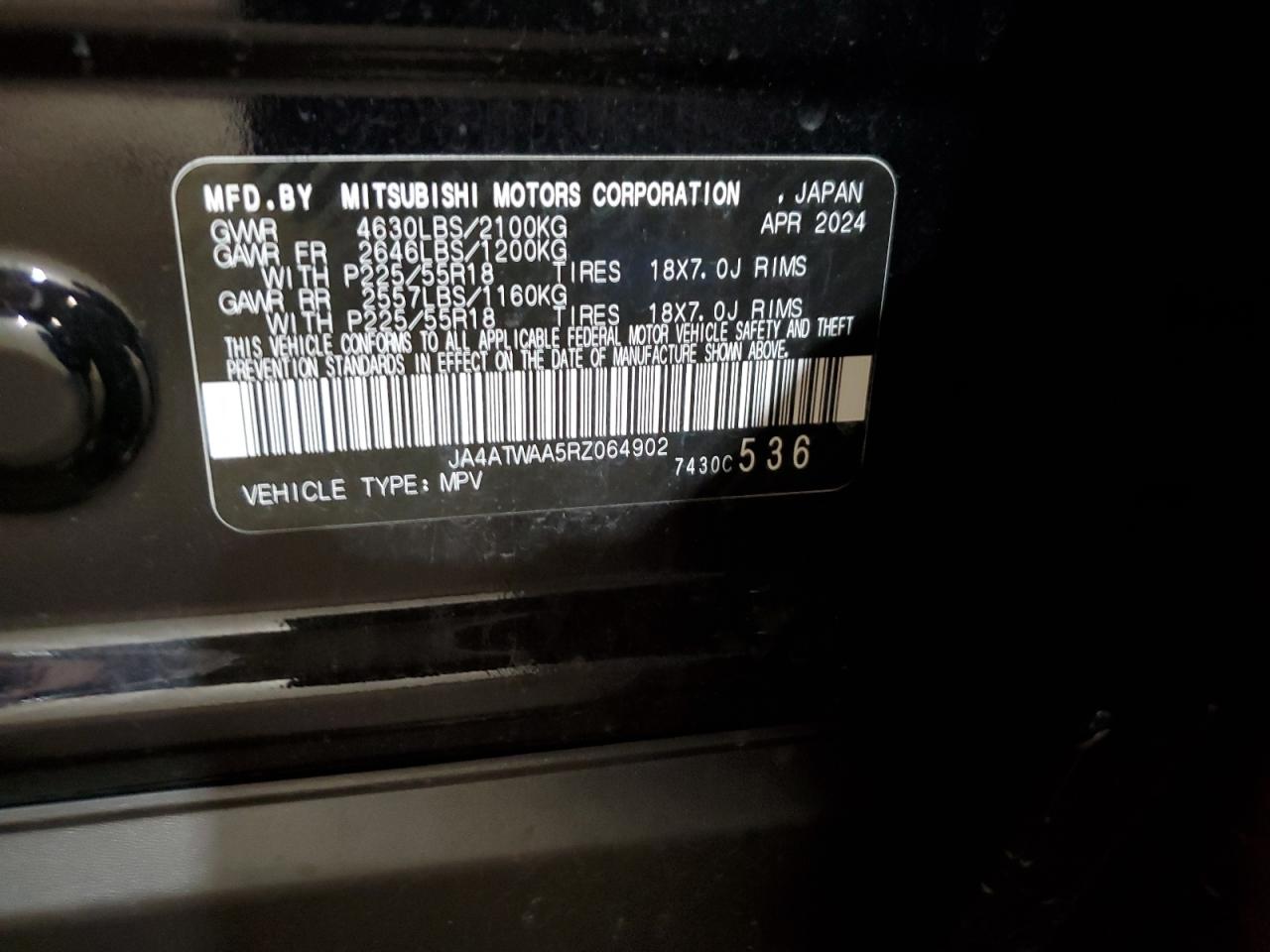 2024 Mitsubishi Eclipse Cross Se VIN: JA4ATWAA5RZ064902 Lot: 56657385