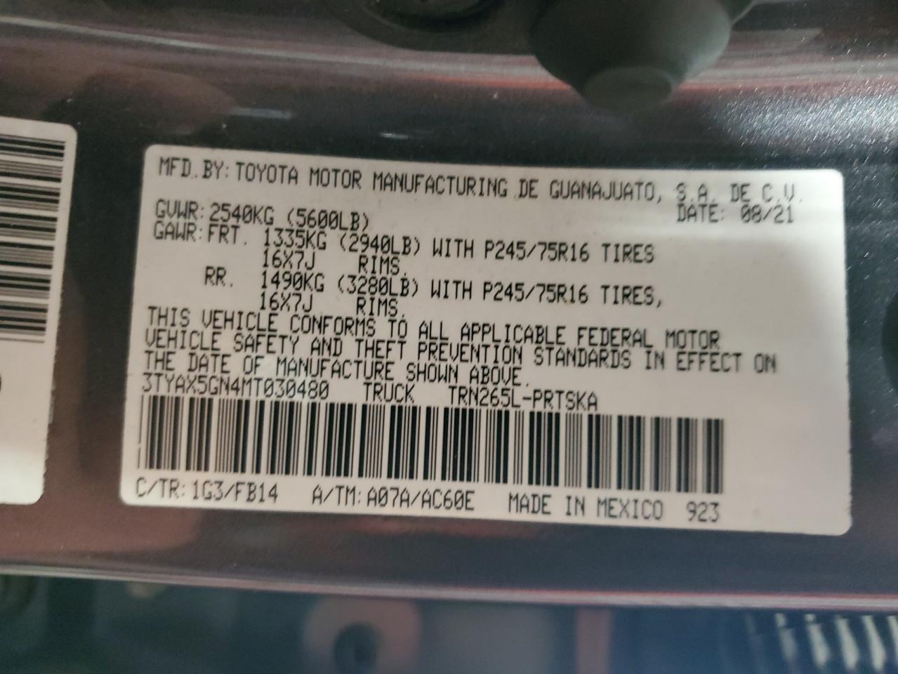 2021 Toyota Tacoma Double Cab VIN: 3TYAX5GN4MT030480 Lot: 58180125